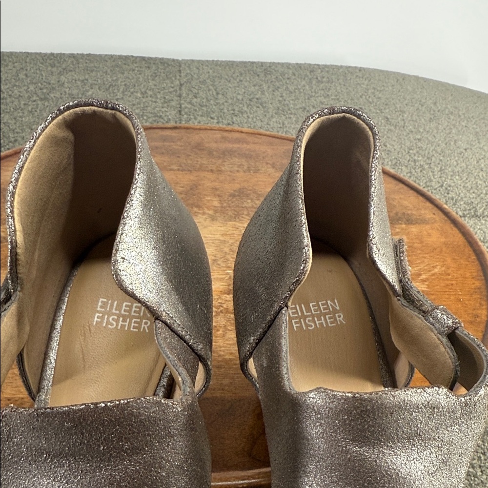 Eileen Fisher Sandals Wm 9.5 Iris Metallic Silver Leather Block Heel Pewter - Picture 11 of 14